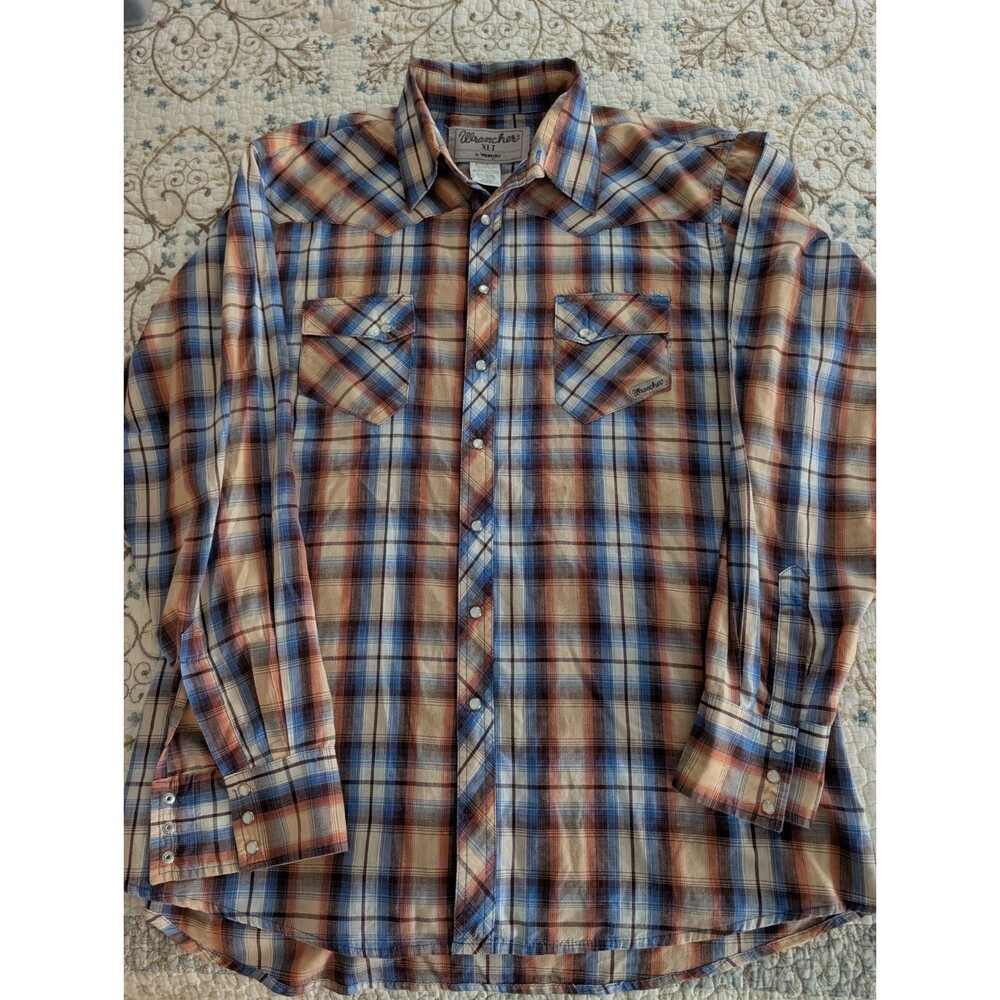 Wrangler Shirt Mens XLT Orange & Blue Western Pearl Snap Check long Sleev Cowboy